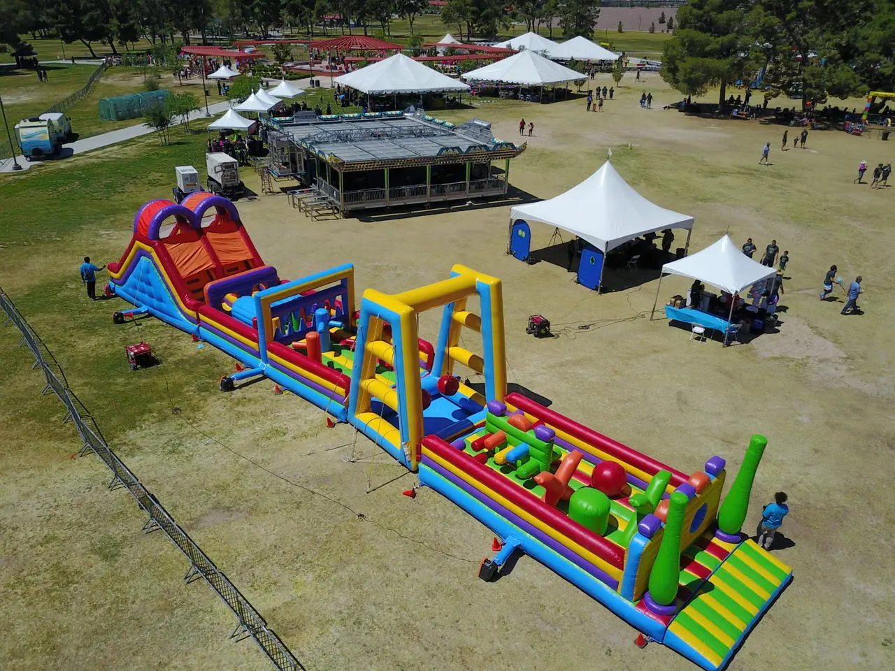 Aerial View Large Inflatable Obstacle Course Multi Colored Slides Tunnels Event Production Las Vegas