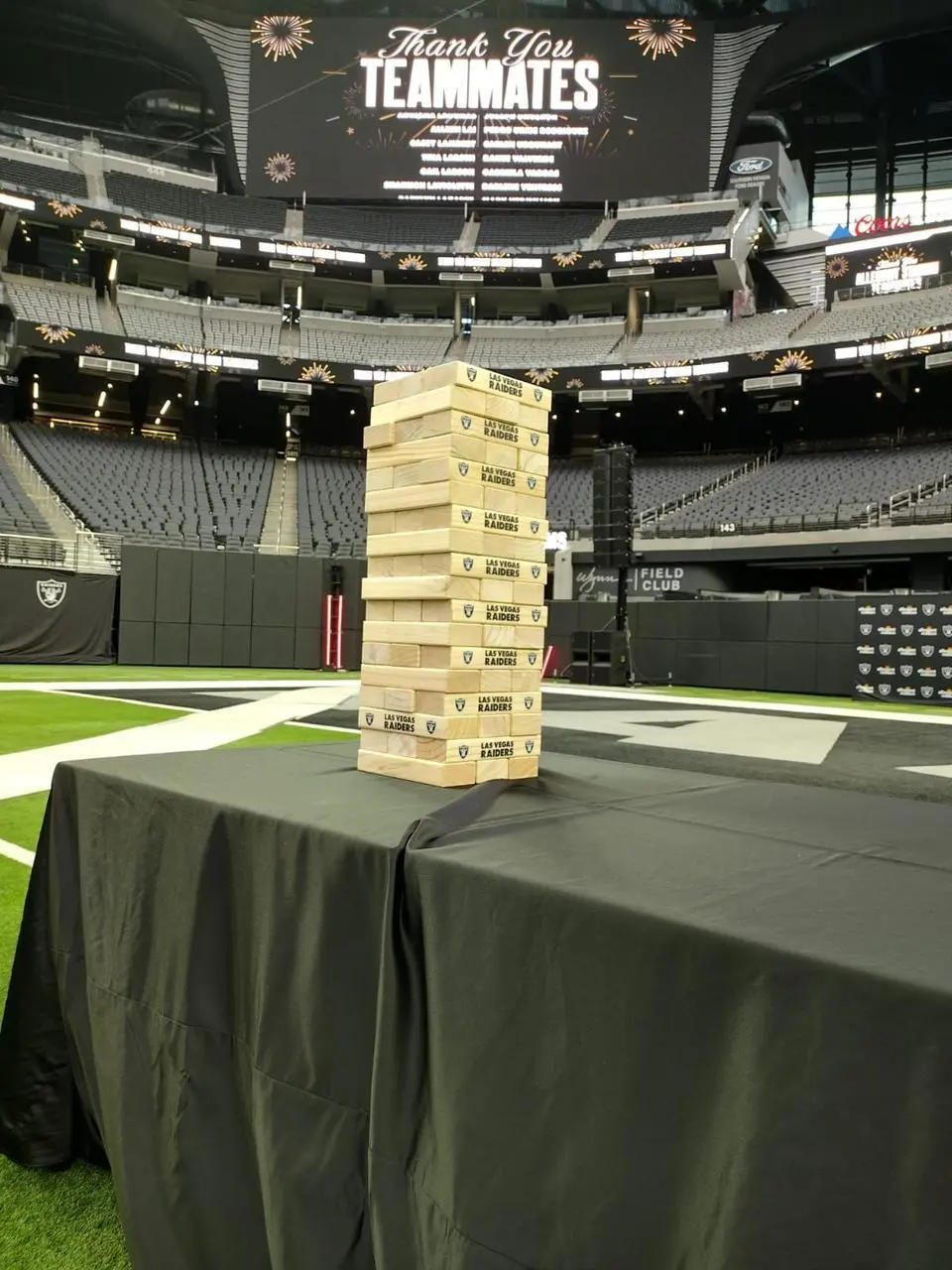 Raiders Branded Giant Jenga Game Allegiant Stadium Thank You Teammates Event Production Las Vegas