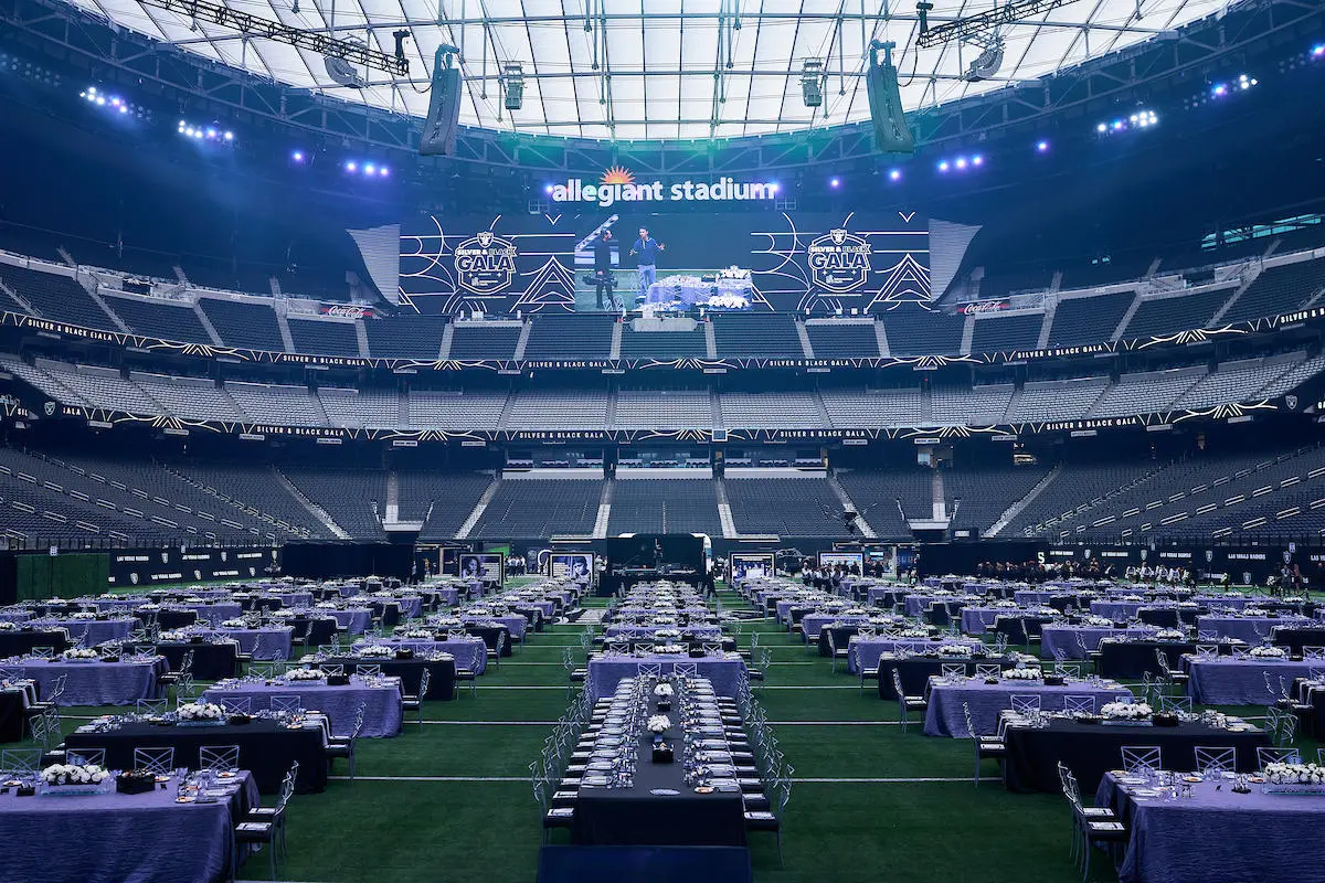 Allegiant Stadium Silver Black Gala Purple Tables Formal Dining Event Production Las Vegas