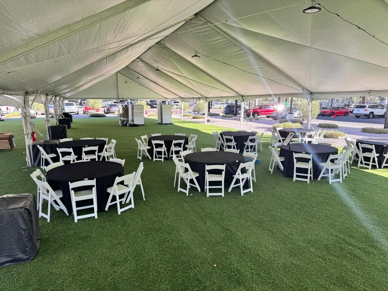 Outdoor Tent Black Tables White Chairs Green Turf Event Production Las Vegas