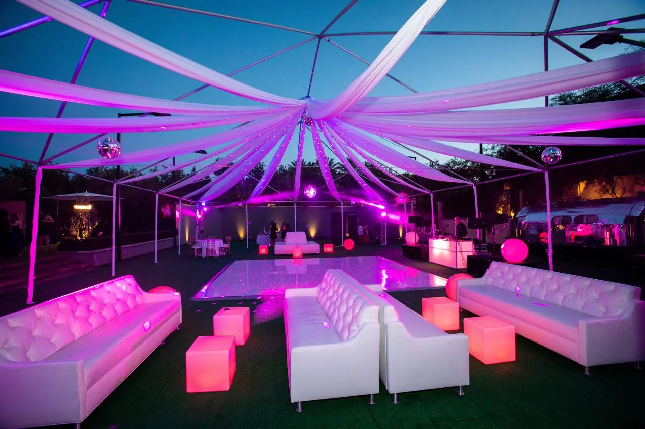 Outdoor Tent Pink Purple Lighting White Sofas LED Dance Floor Event Production Las Vegas