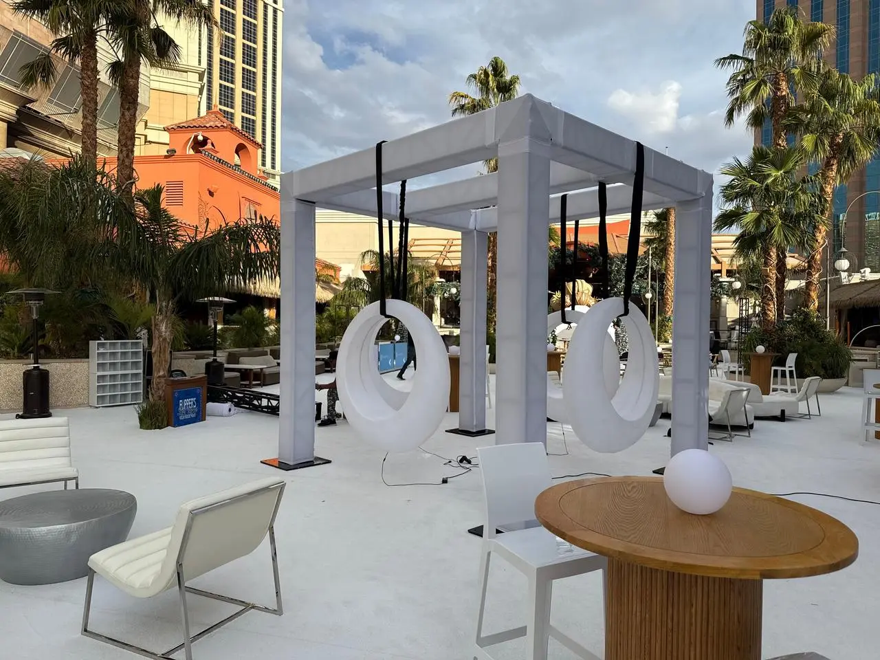 Outdoor White Canopy Moon Swings Modern Lounge Furniture Event Production Las Vegas