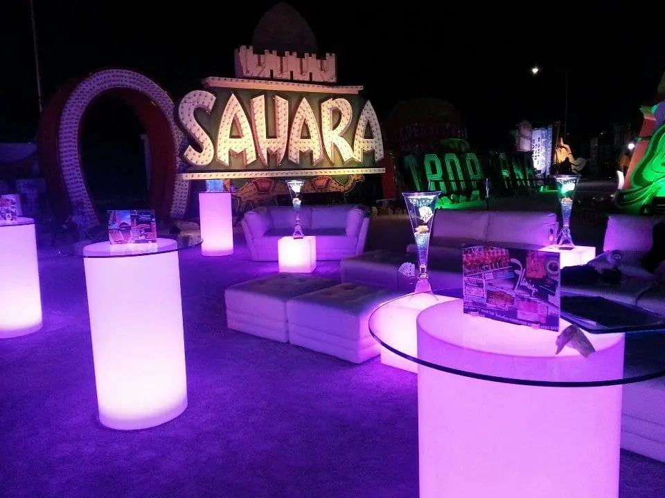 Sahara Las Vegas outdoor lounge with LED illuminated furniture for night events