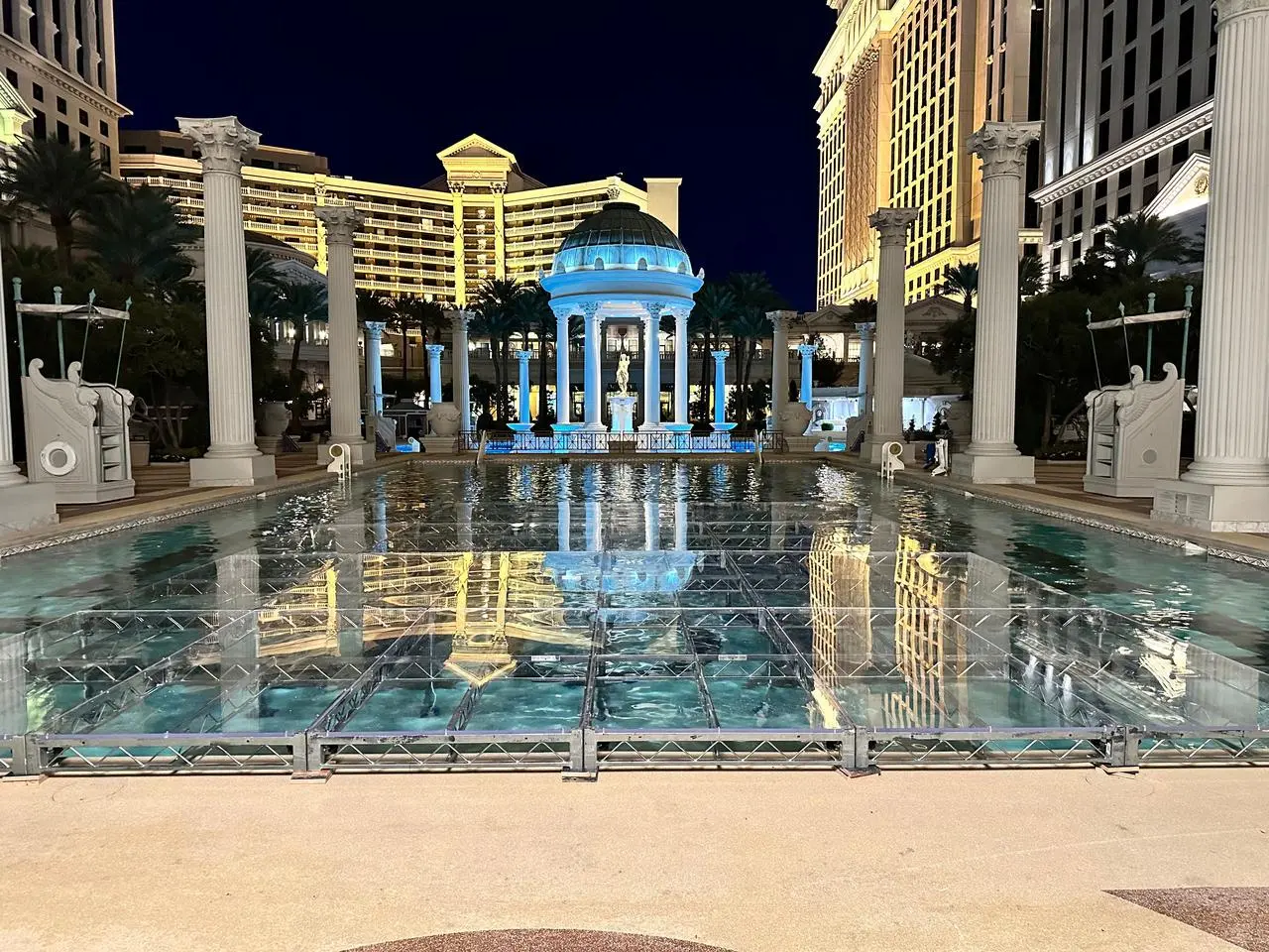 Luxury Resort Pool Transparent Stage Over Water Classical Columns Event Production Las Vegas