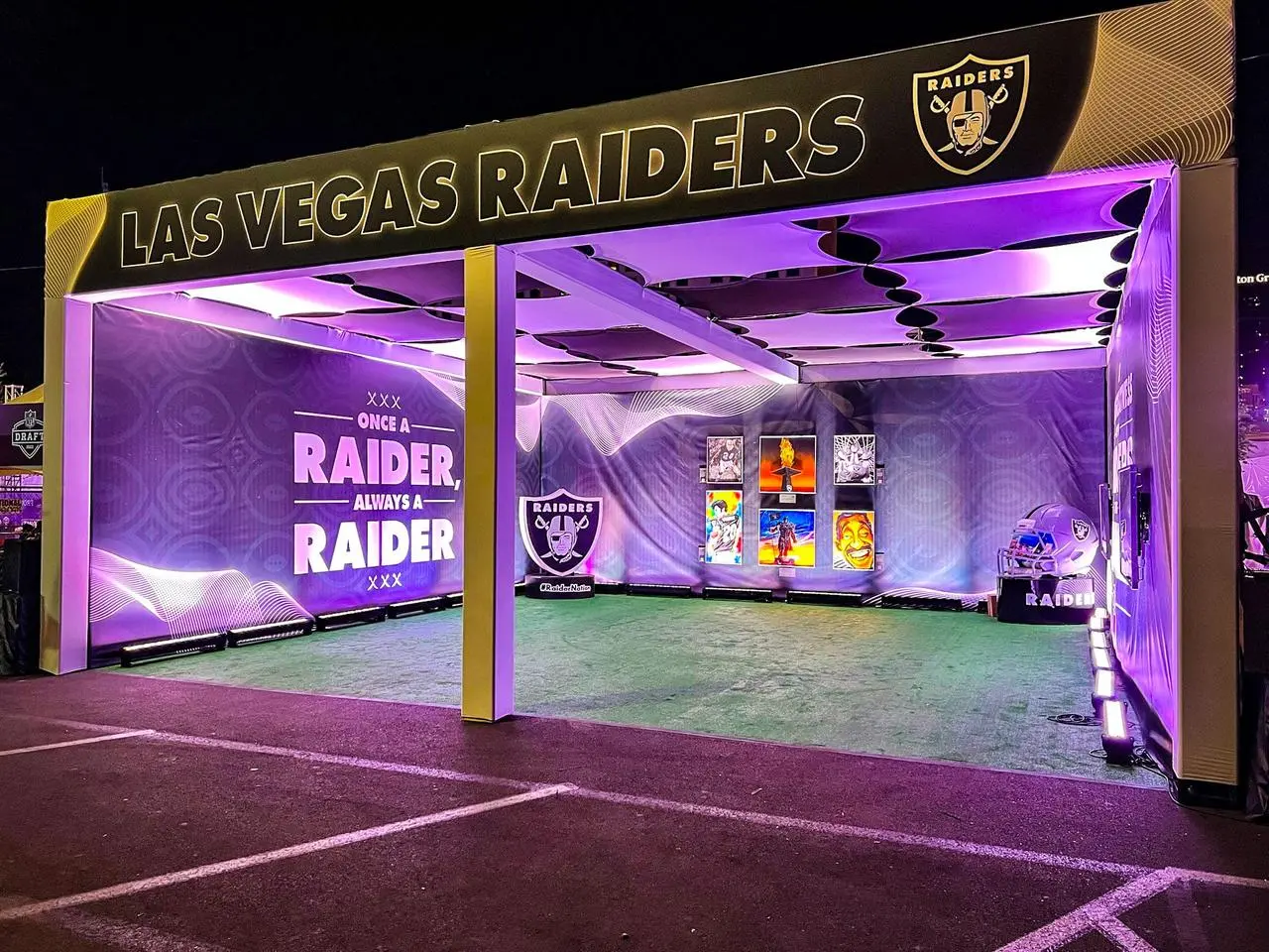 Las Vegas Raiders Branded Tent Night Purple Lighting Fan Zone Event Production